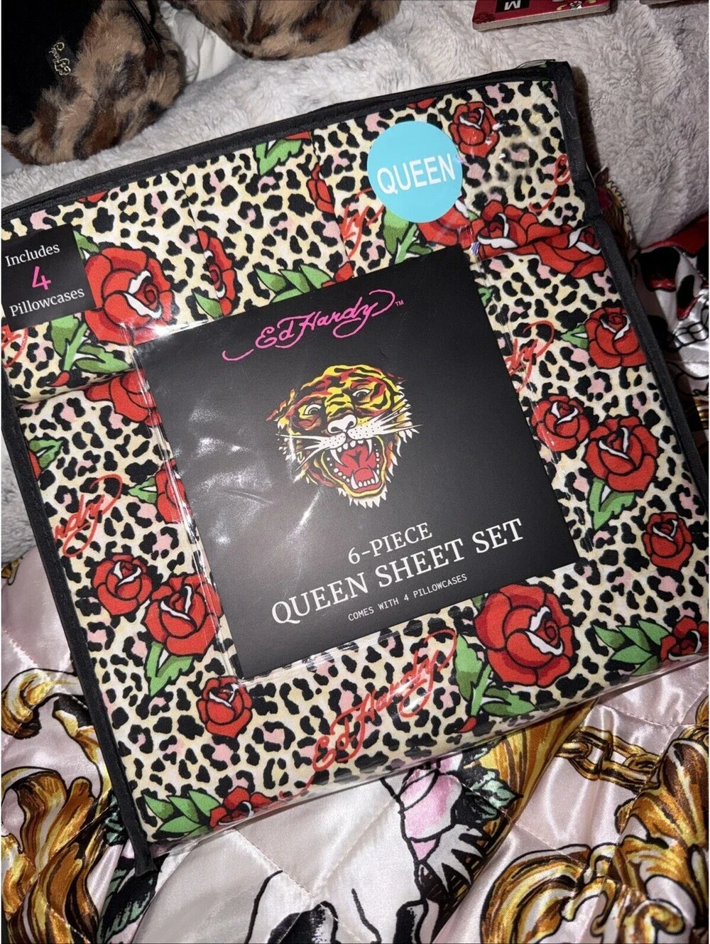 ED HARDY Queen Sheet Set 6pc New Flowers Roses Leopard Cheetah Tattoo Grunge Y2K